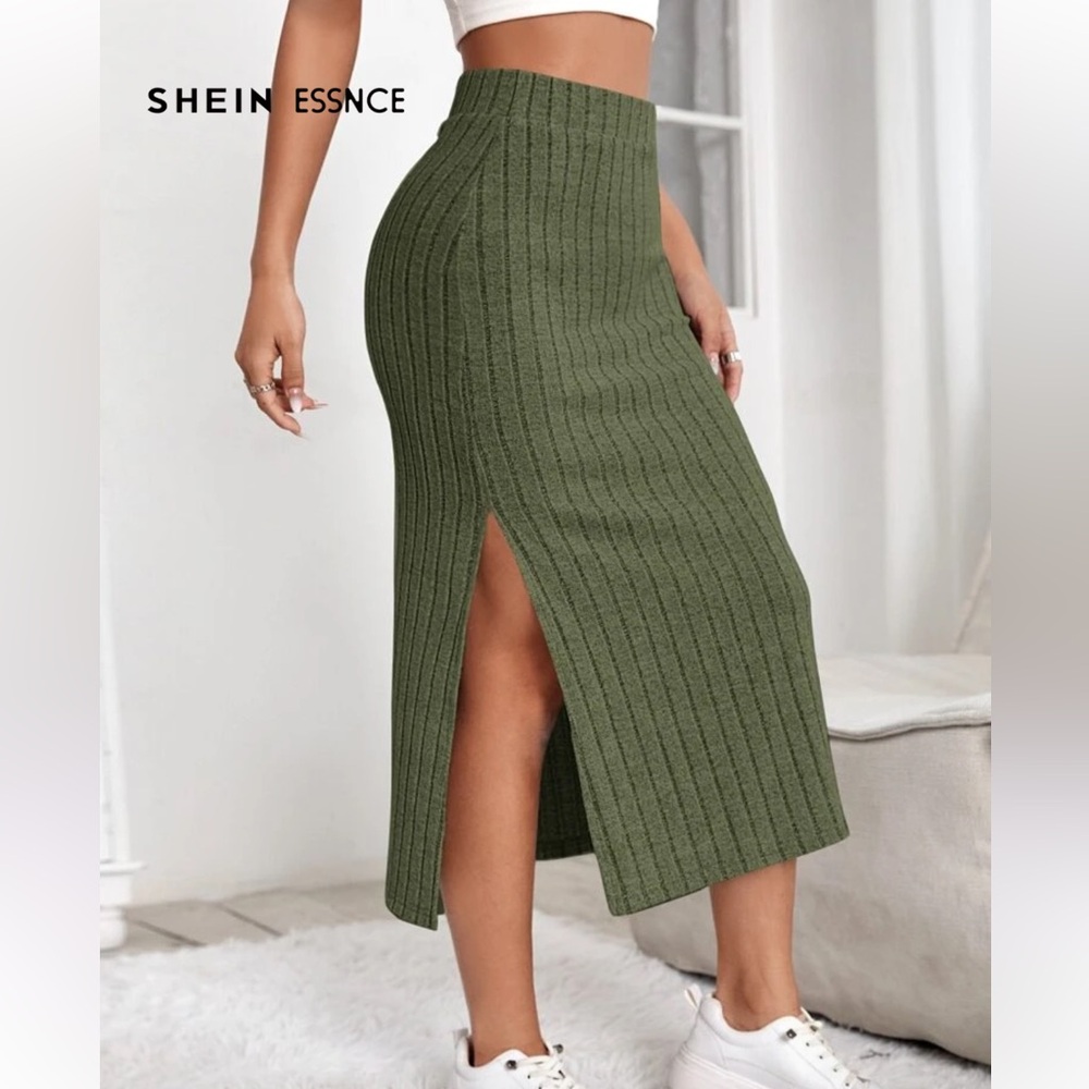 Olive Green Ribbed Maxi Skirt